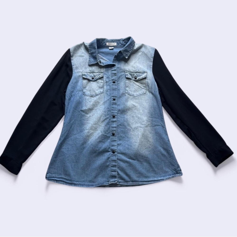 Blue Denim Button-Up Shirt with Black Sleeves